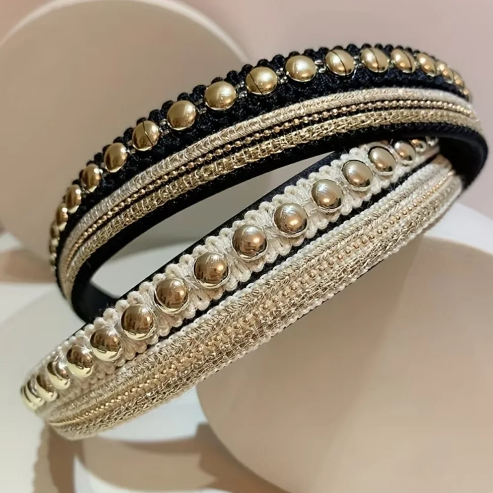 2pc Set Headbands, Baroque, Ribbon Goldtone Metal, NEW